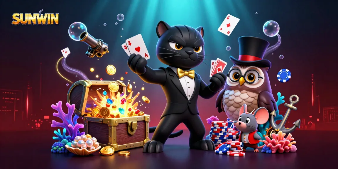 SUNWIN showcases a stylish panther dealer with an owl and mouse amidst colorful casino elements.